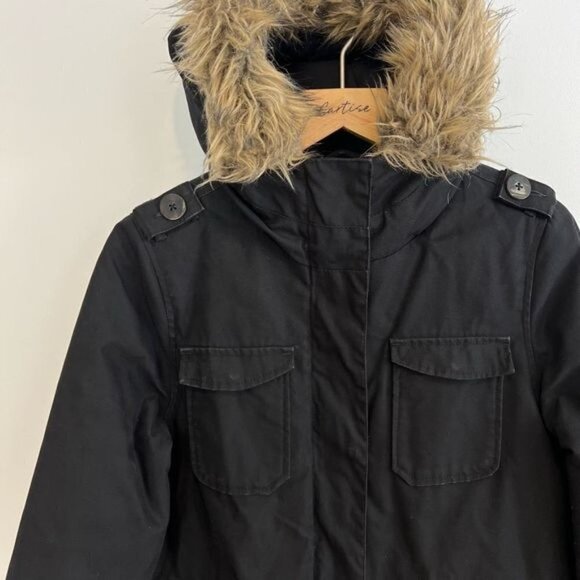 Elvine Women’s Small Black Long Overcoat Parka Jacket Faux Fur Hooded - Picture 10 of 10